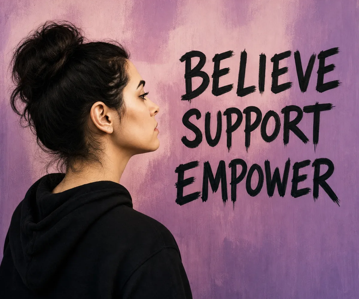 Believe, Support, Empower banner alongside advocate