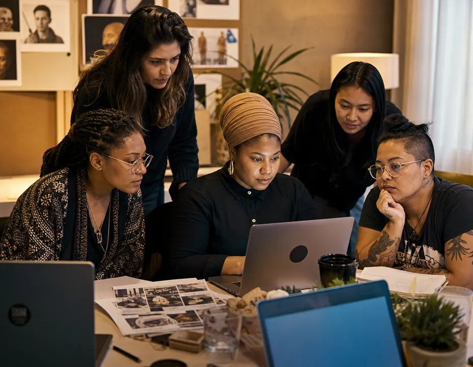 Women advocates collaborating digitally in a safe community room